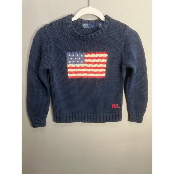 Vintage Unisex Kids Polo Ralph Lauren Navy American Flag Sweater Sz Small 6 - Picture 14 of 16